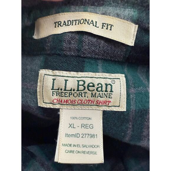 L.L.Bean Men XL Chamois Shirt Traditional Fit Green Plaid Warm Jacket Stripes - Picture 2 of 3